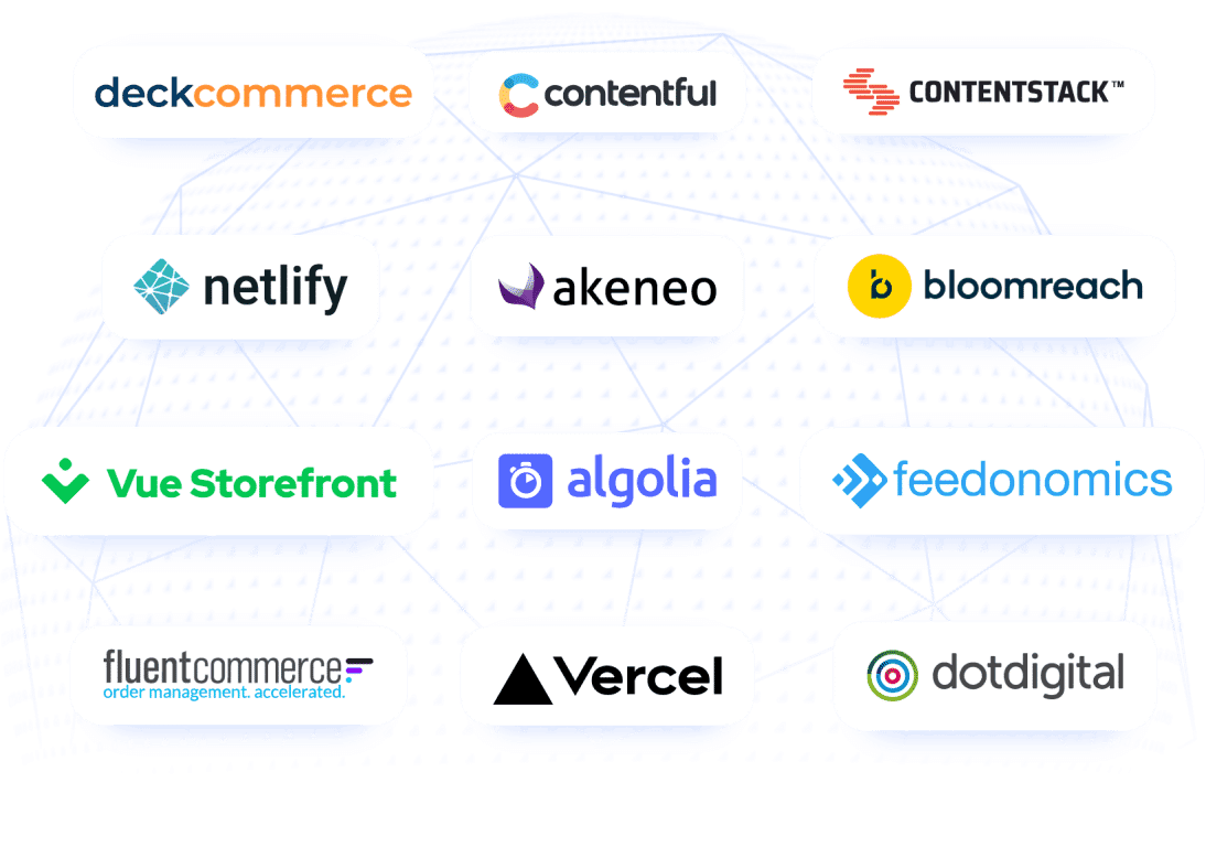 Illustration Ökosystem Partner Globe Deckcommerce Contentful Contentstack Netlify Akeneo